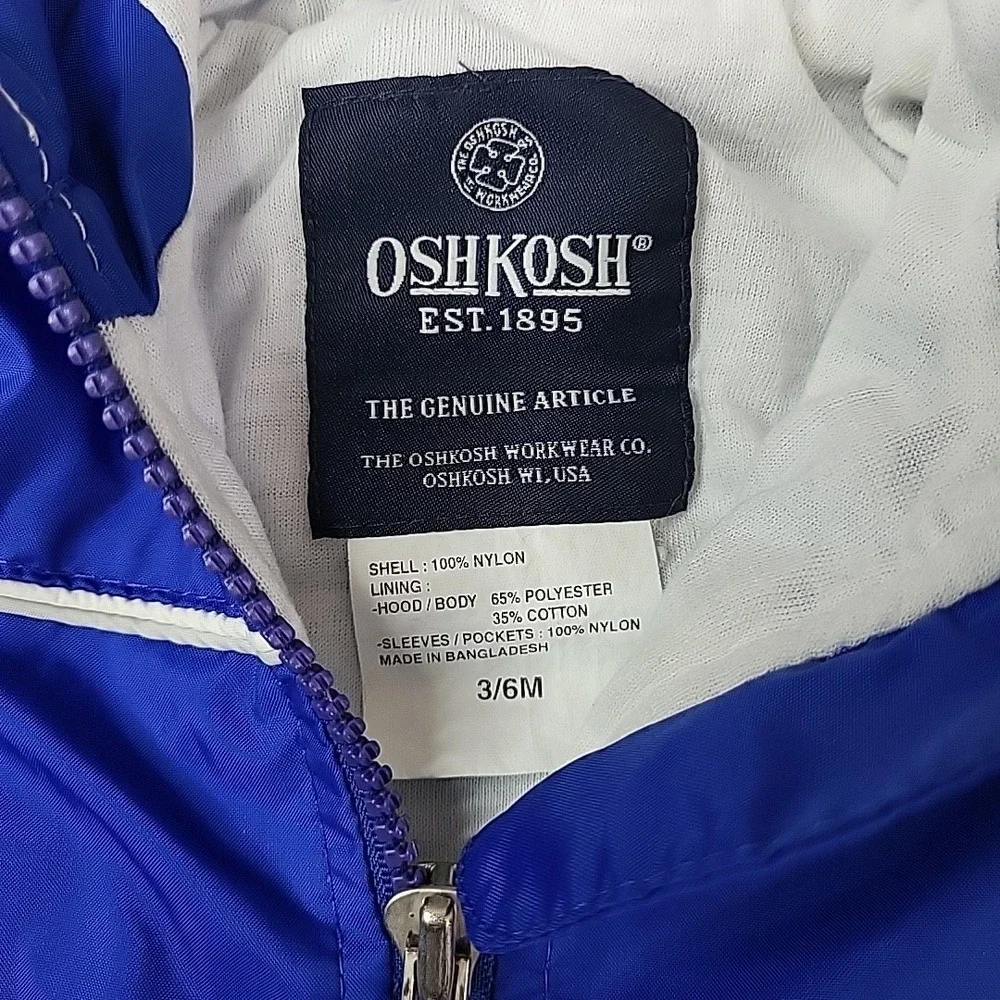 OSHKOSH -‎ Hooded Windbreaker Jacket Full Zip Size 3-6mo Blue